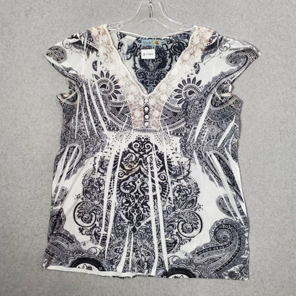 Unity Women Top Large White Paisley Blouse Popover Sleeveless V Neck‎ Pullover